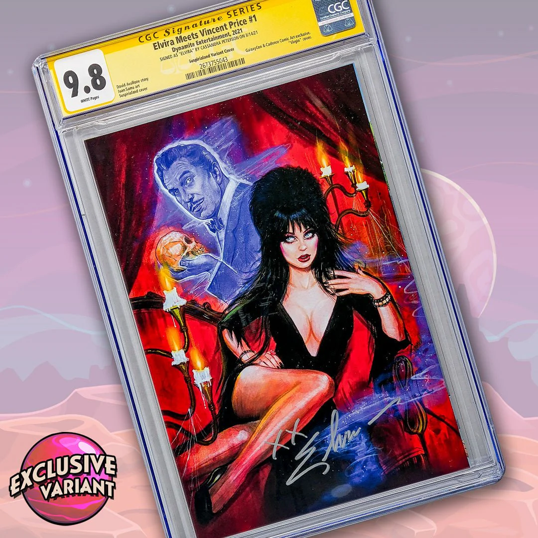 Elvira Meets Vincent Price #1 GalaxyCon Exclusive Suspiria Variant CGC Signature Series 9.8 Signed Cassandra Peterson