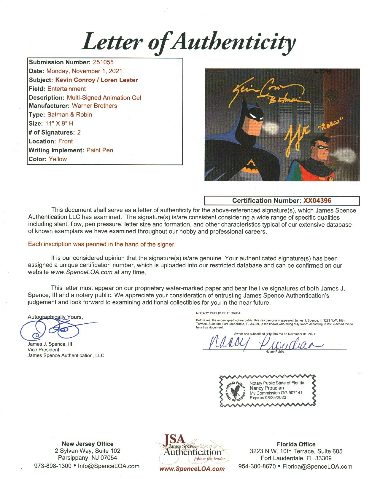 Batman 11" x 9" Signed Animation Production Cel Cast x 2 Signed Conroy, Lester JSA LOA Certified Autograph - Image 3